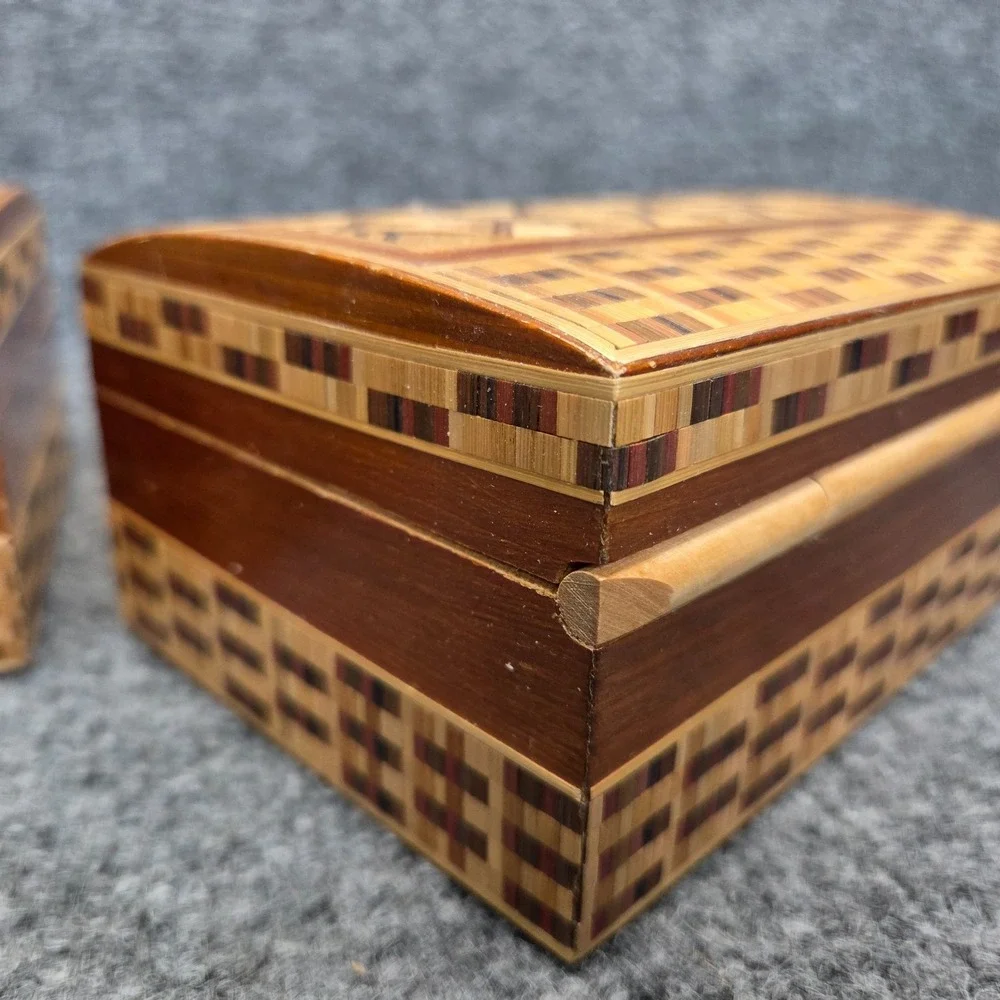 2 Vintage Hand Carved Wooden Trinket Box with‎ Straw Ornament USSR RUSSIA